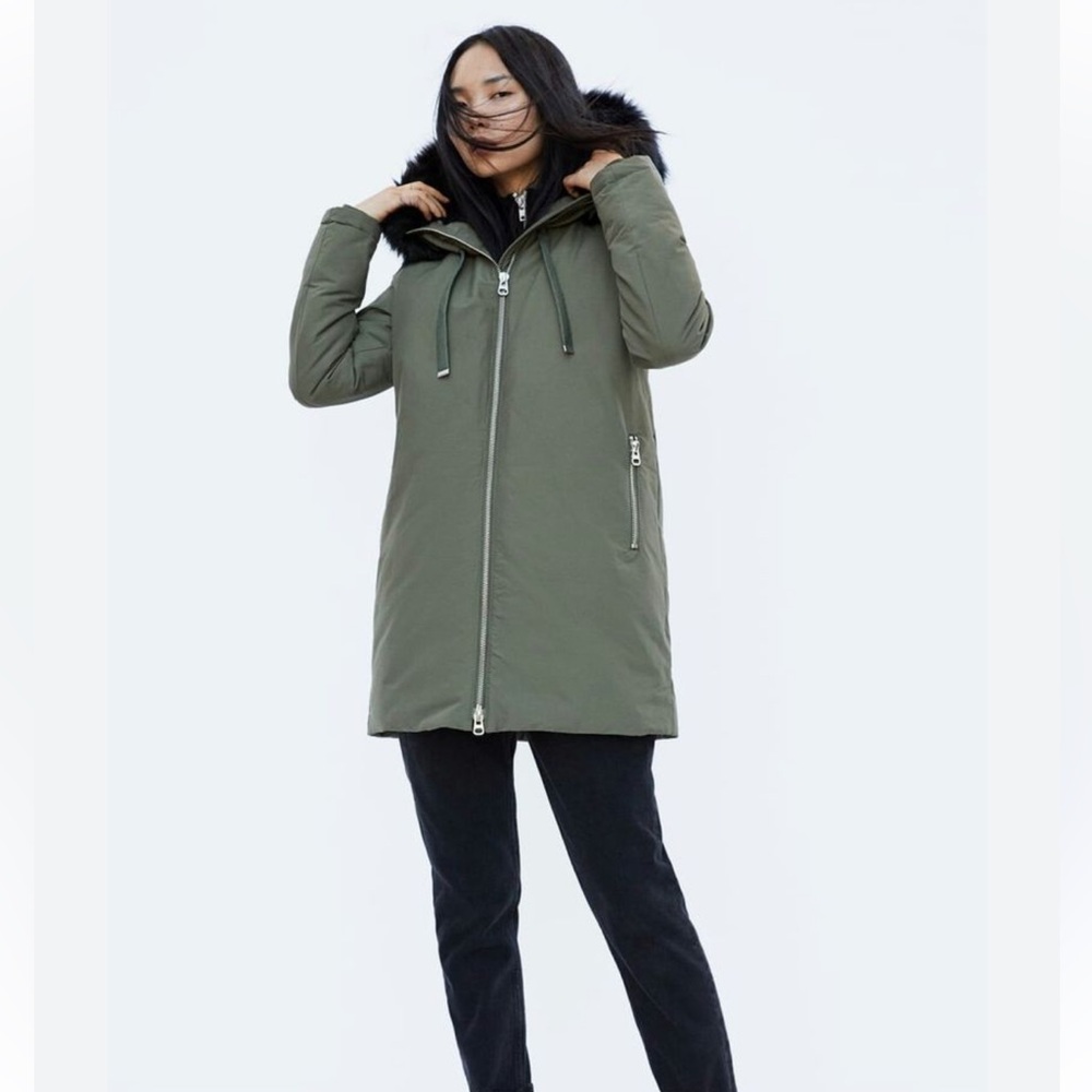 Zara Green Parka Water Repellent Fur Hood Size M